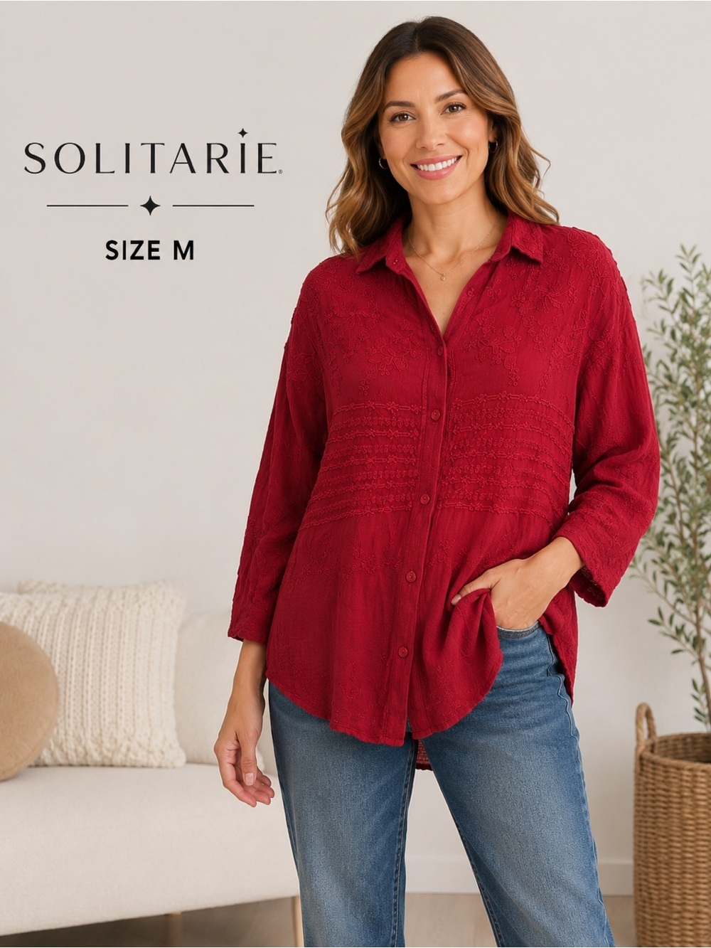 Solitaire Embroidered Button Front 3/4 Sleeve Blouse Red Size M Boho Cottagecore